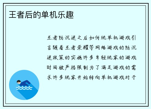 王者后的单机乐趣