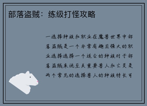 部落盗贼：练级打怪攻略